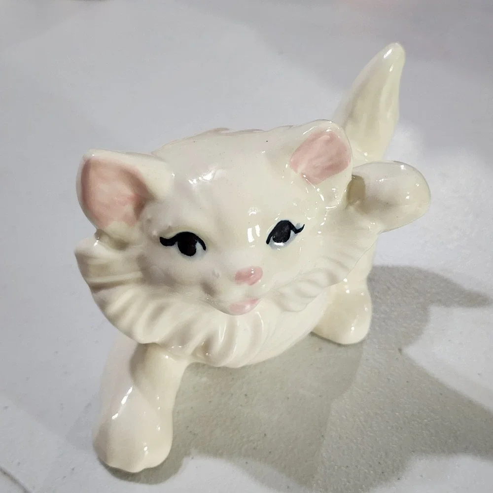Vintage White Ceramic Kitten Figurine Playful Pouncing Cat Blue Eyes